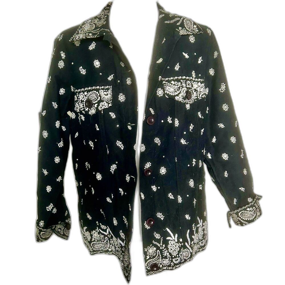 B&W Quacker Factory Black Handkerchief Print Beaded Embroidered Jacket Size S